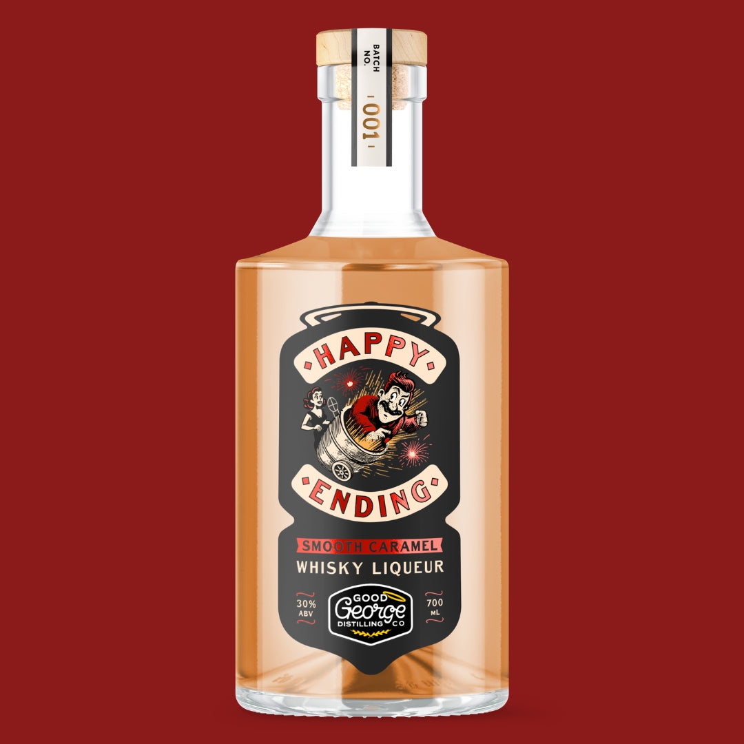 Bottle of Happy Ending Whisky Liqueur with a red background