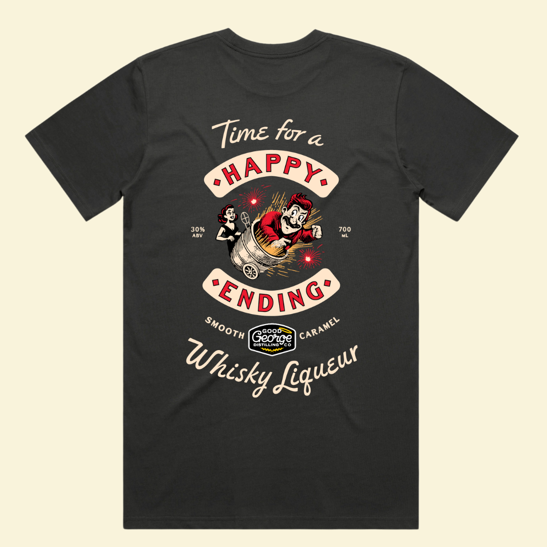 Black t-shirt with vintage-style graphic and text on a beige background