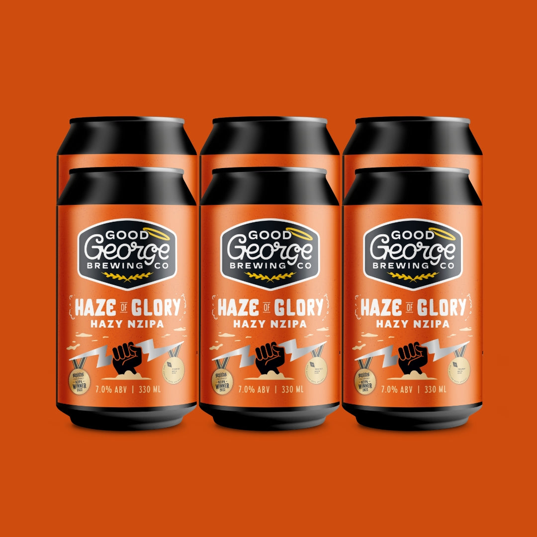 Six aluminium cans of Good George Brewing Co. Haze + Glory Hazy Nzipa beer arranged side by side on a solid orange background.