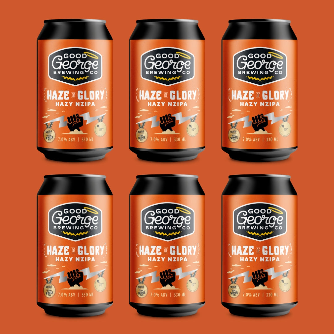 Six cans of Good George Brewing Co. Haze & Glory Nazy Nzipa beer on an orange background