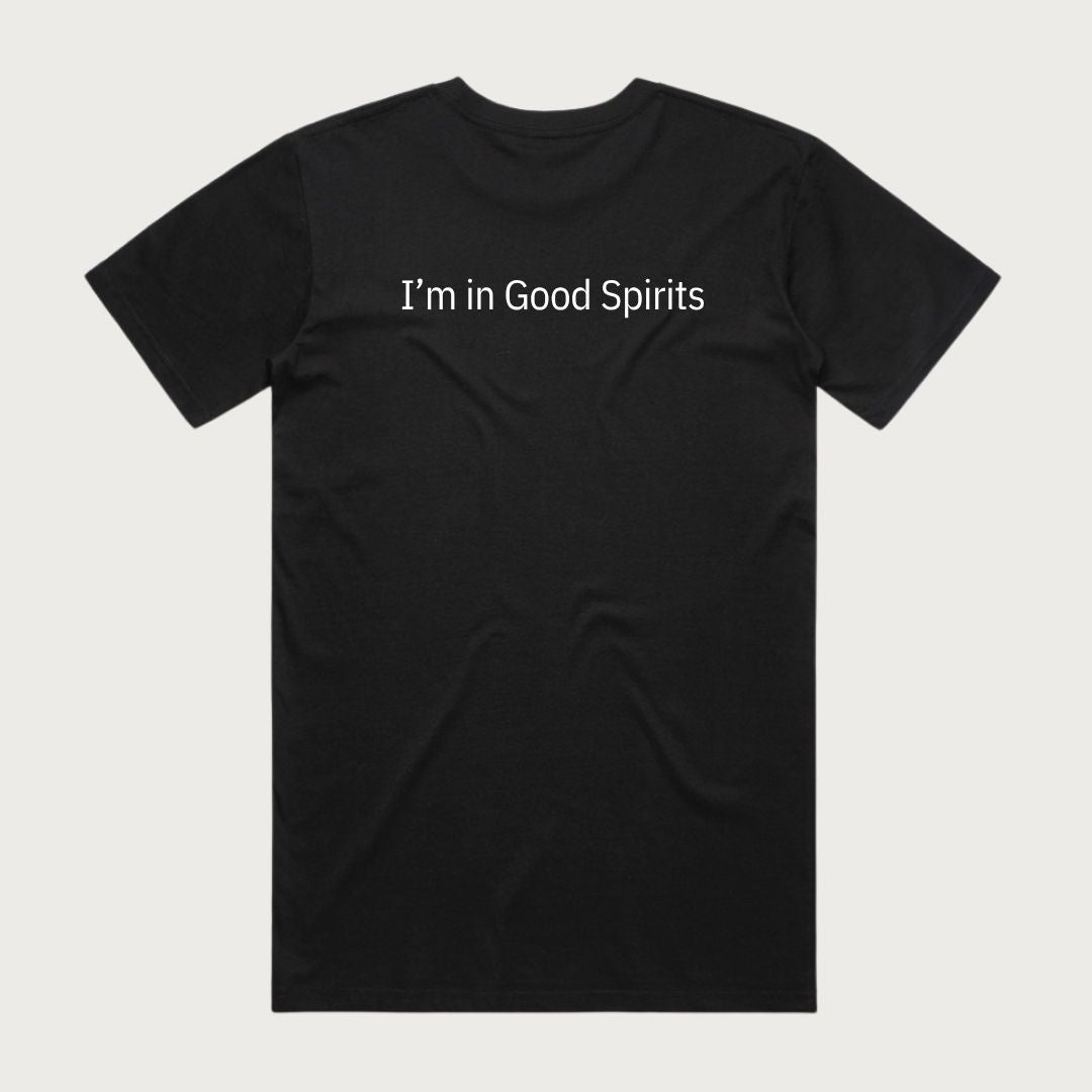 Back of the black Good George t-shirt with the slogan I'm in Good Spirits