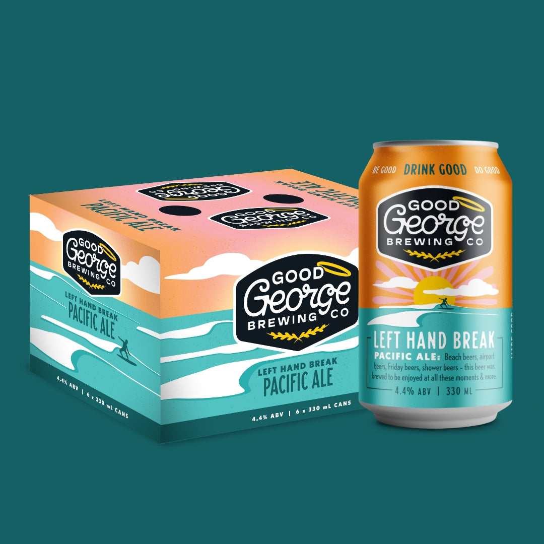 A 6-pack cardboard case and a single aluminium can of Good George Brewing Co. Left Hand Break Pacific Ale, shown on a solid teal background.