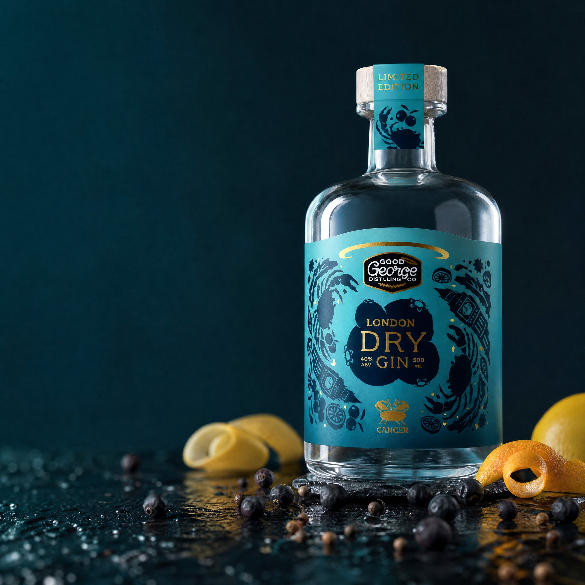 Bottle of London Dry Gin with a blue label on a dark background