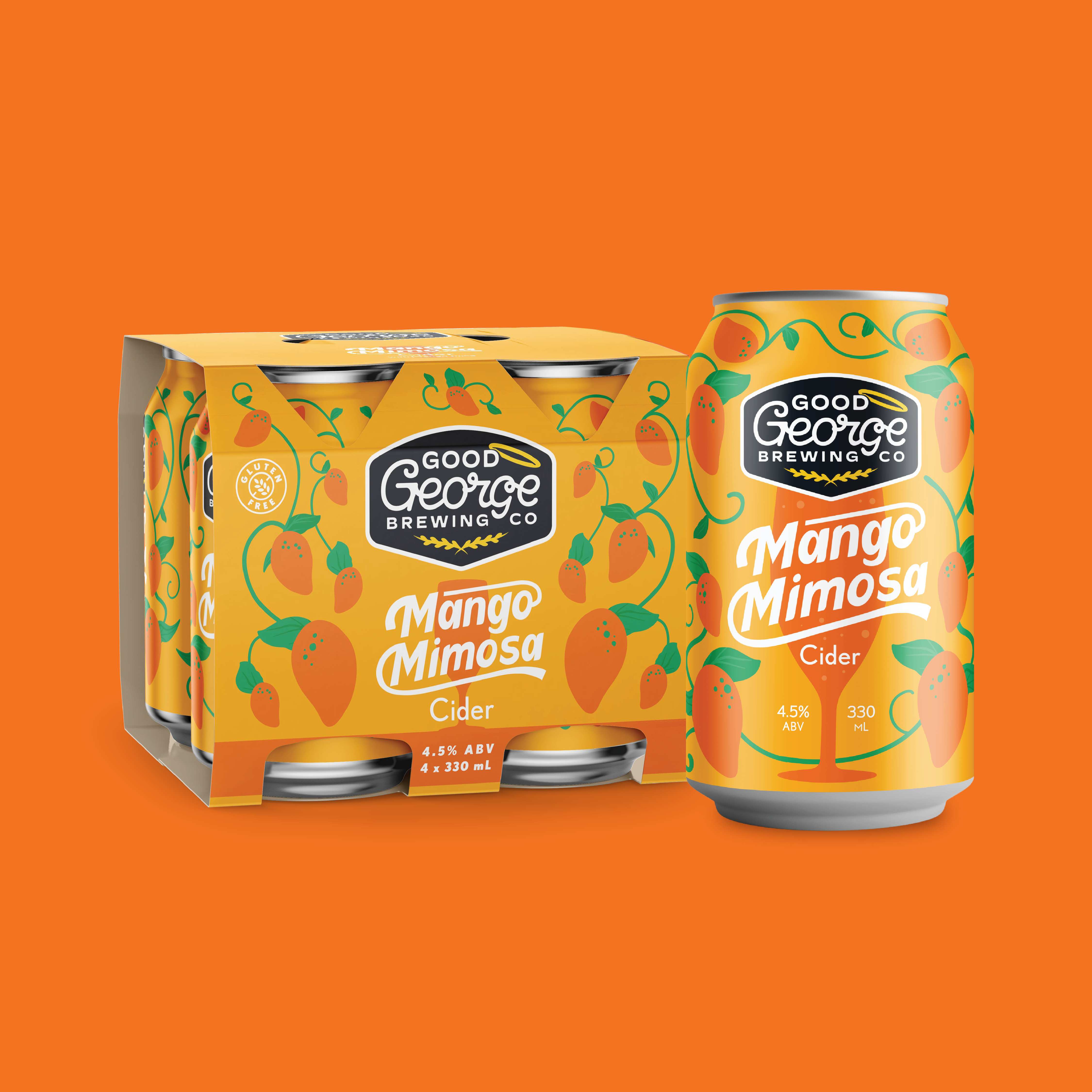 Good George Mango Mimosa cider can and six-pack on an orange background