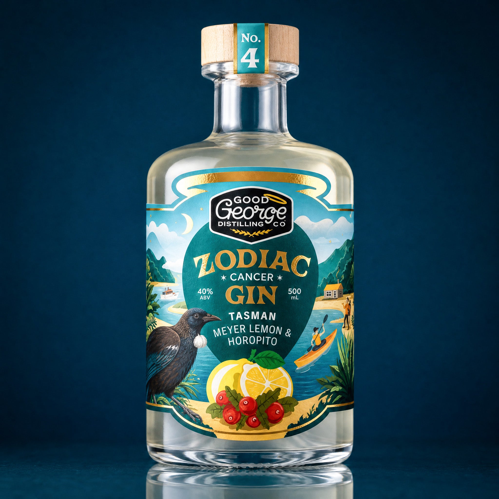 Bottle of Good George Distilling Co. Zodiac Gin on a dark blue background