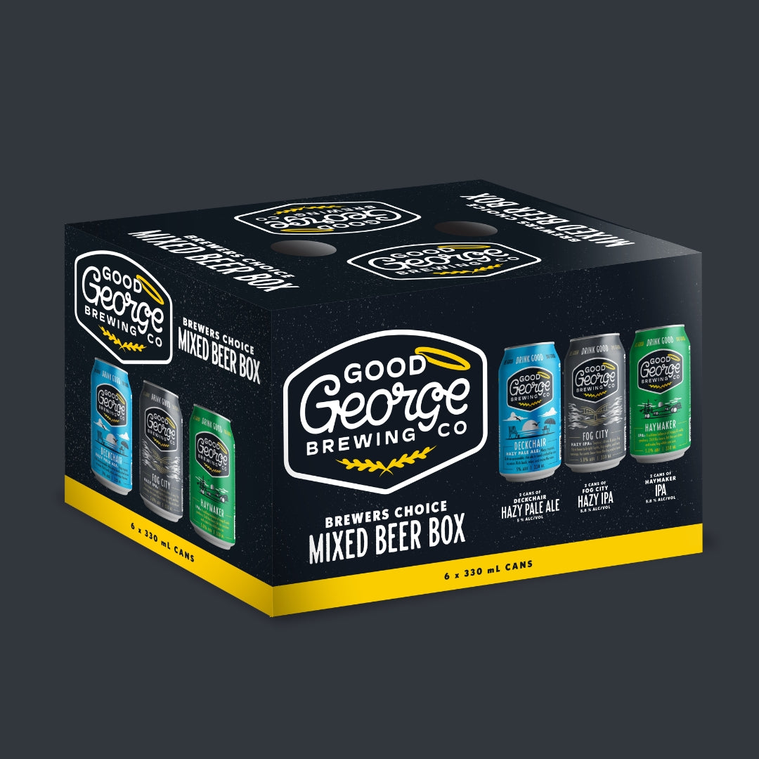 A 6-pack mixed beer box by Good George Brewing Co. The black cardboard carton features the brand logo prominently and shows four sample beverage cans on the front: a blue can, a silver can, a green can, and a dark can.