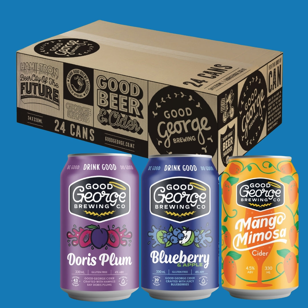 Good George Brewing Co Mixed Six Cider with three 330ml gluten-free cider cans — Doris Plum, Blueberry & Apple, and Mango Mimosa — displayed in front of a branded Good George 24-can case on a blue background.
