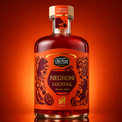 Bottle of Good George Distillery Negroni cocktail on an orange background