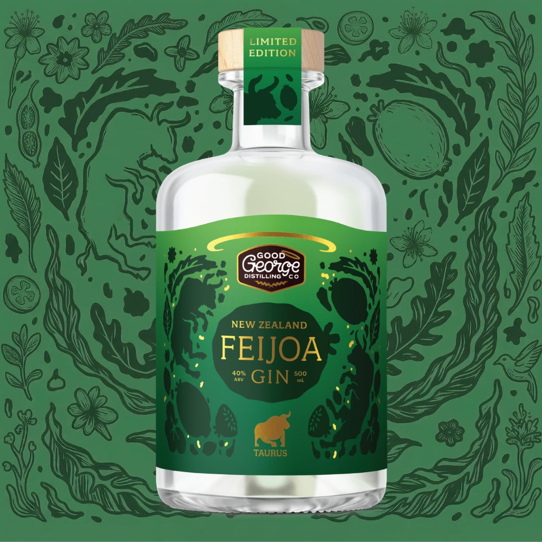 Bottle of Good George New Zealand Feijoa Gin on a green background