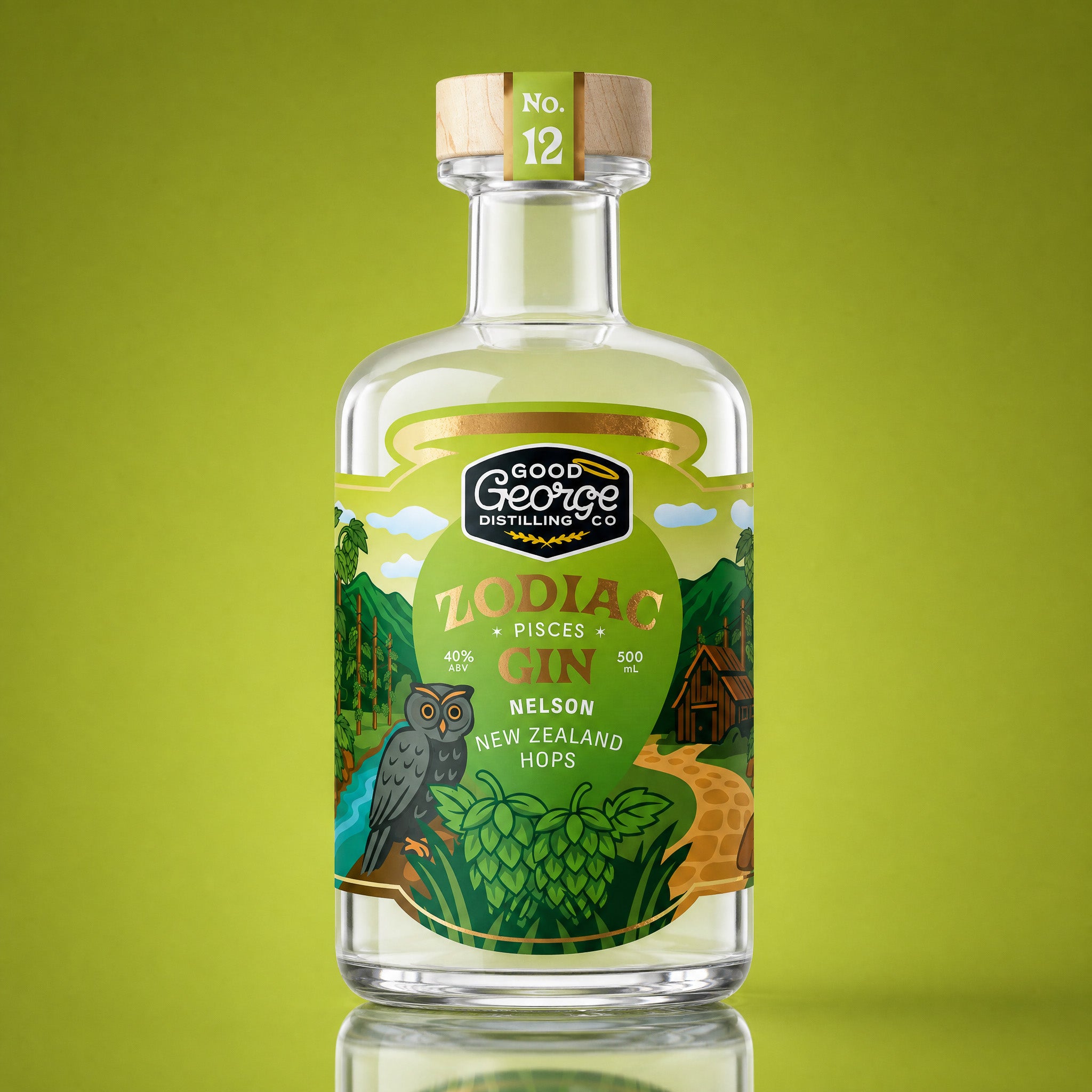 Bottle of Good George Distilling Co. Zodiac Gin on a green background