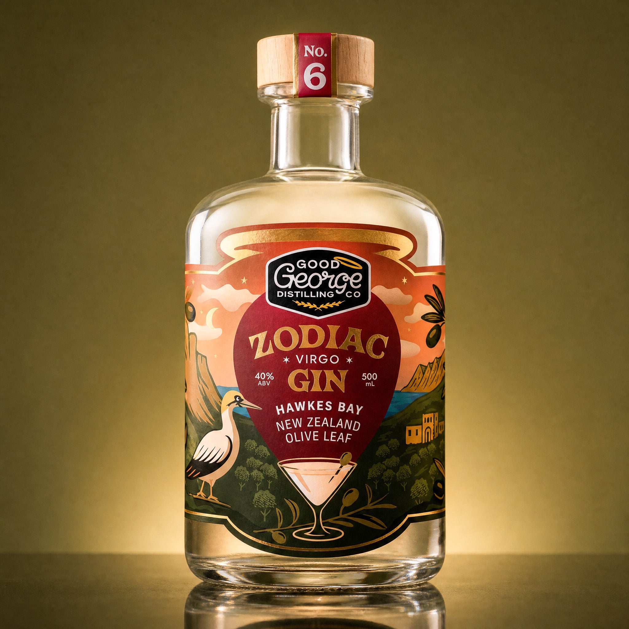 Bottle of Zodiac Gin with a decorative label on a reflective surface.