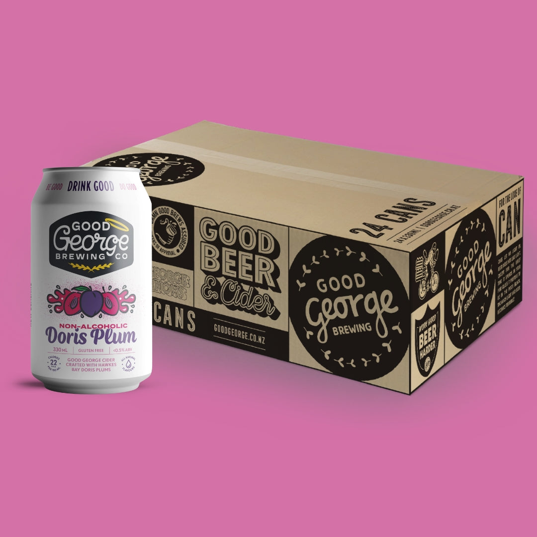 Good George Brewing Co can and box on a pink background