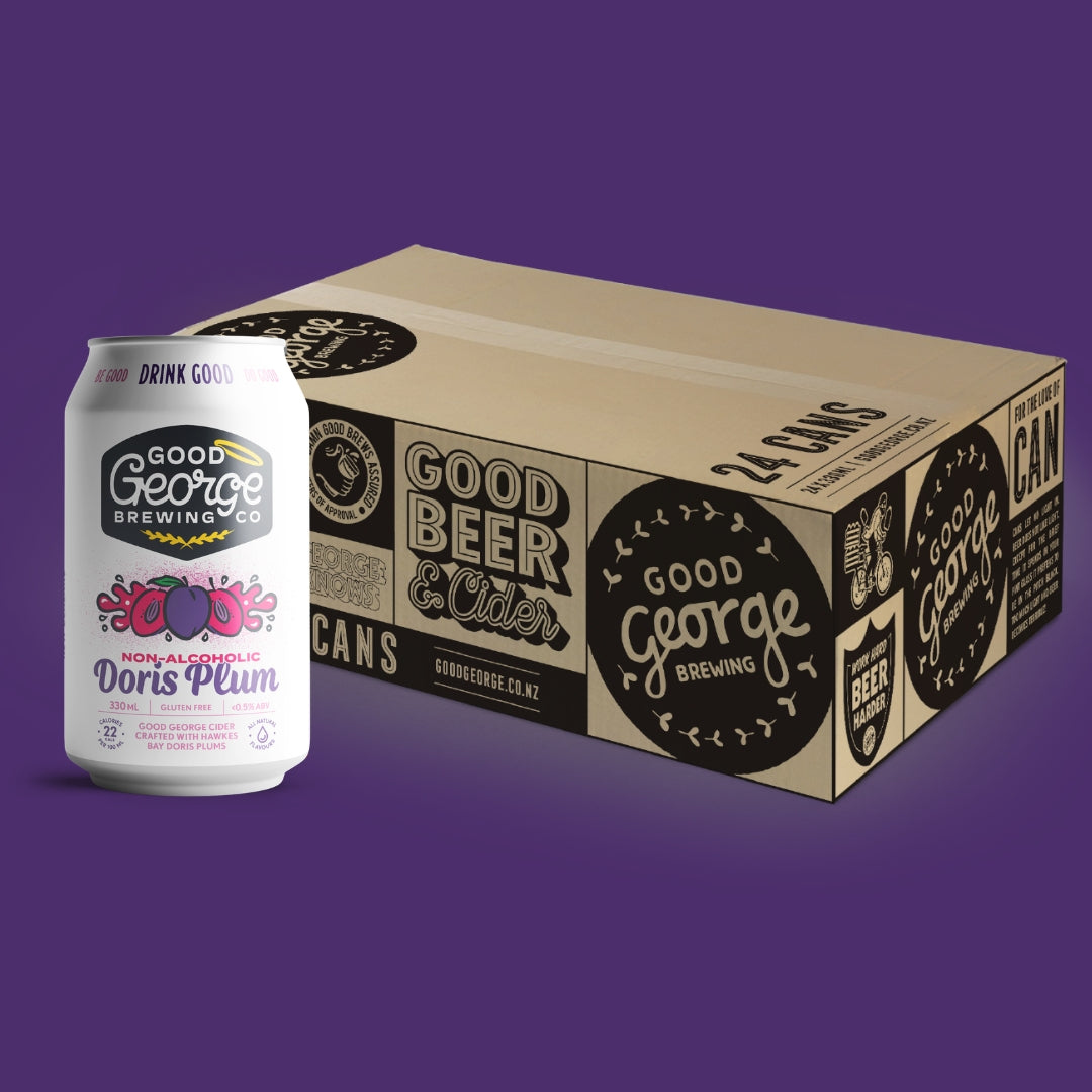 A 24-pack cardboard case of Good George Brewing Co. Dors Plum canned beers next to a single white aluminum can of Doris Plum, set against a solid purple background.