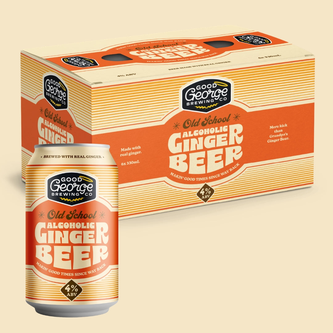 Good George Brewing Co. Old School Alcoholic Ginger Beer packaging on a beige background