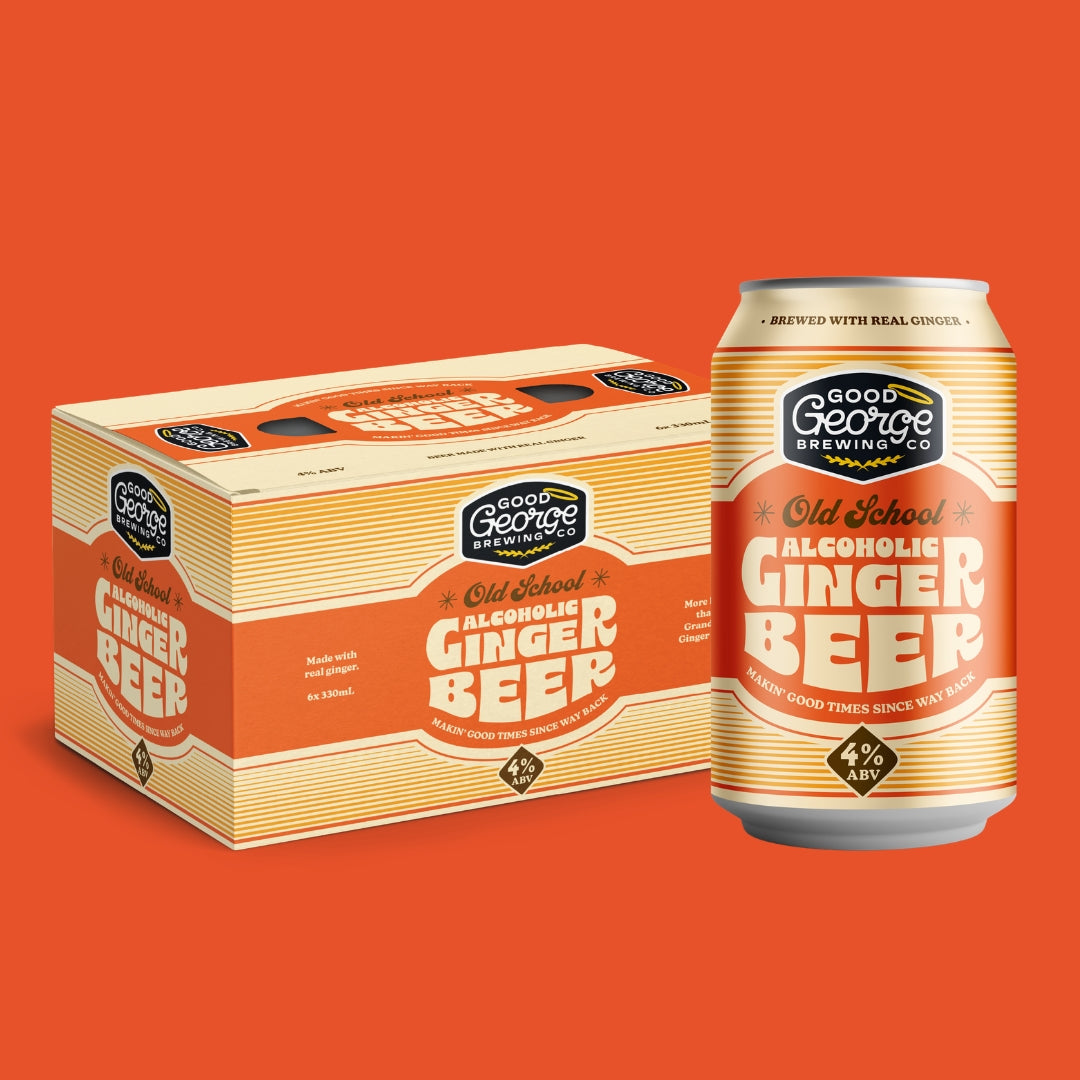 A can and matching carton of Good George Brewing Co. Old School Alcoholic Ginger Beer on a solid orange background.