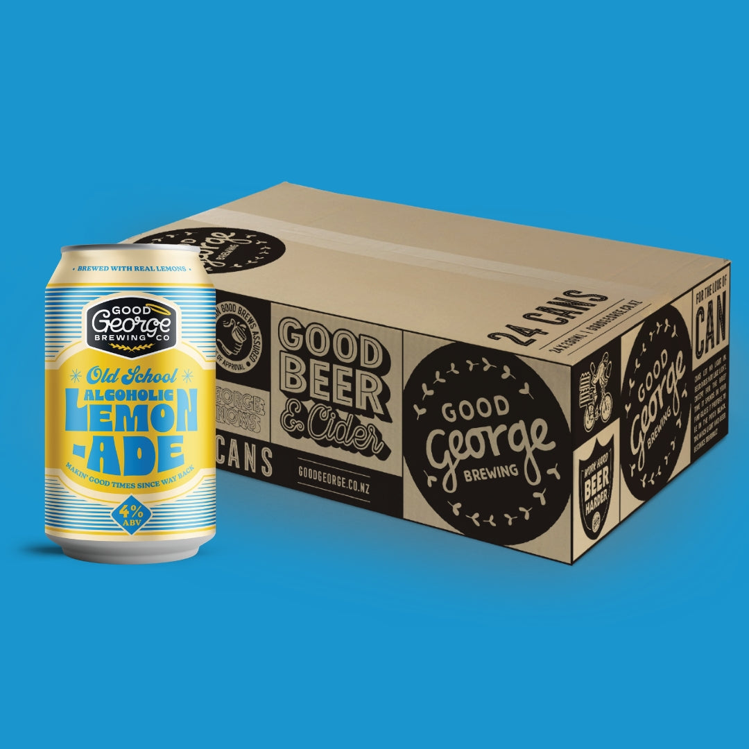 A 24-pack cardboard case and a single can of Good George Brewing Co. Old School Lemonade beer, shown on a solid blue background.