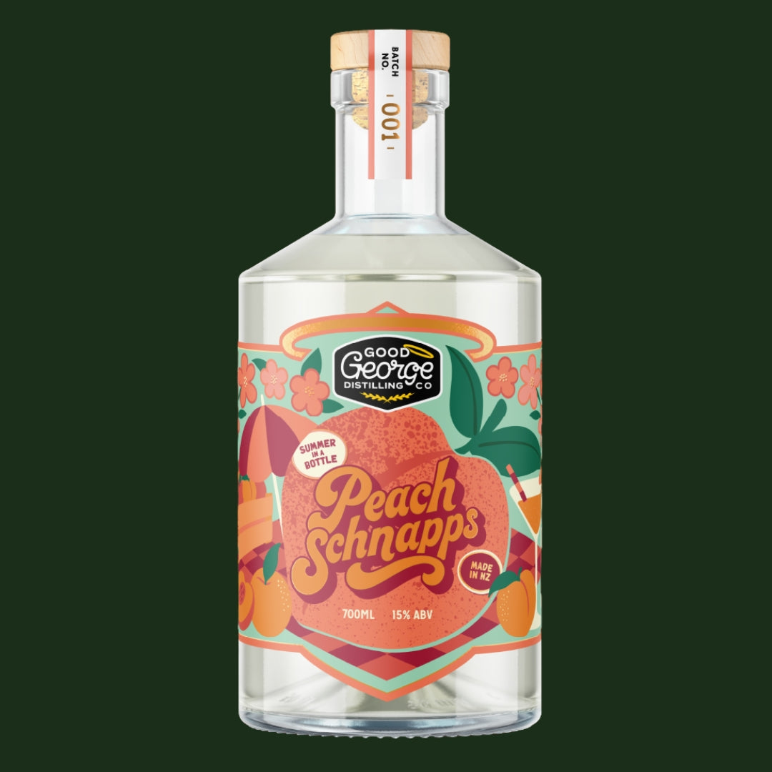 Bottle of Peach Schnapps with a colorful label on a green background