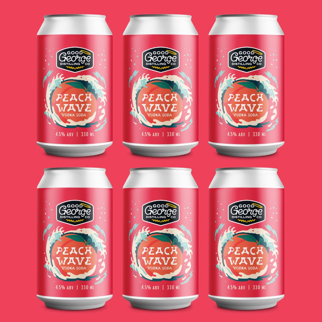 Six cans of Good George Peach Wave Vodka Soda on a red background