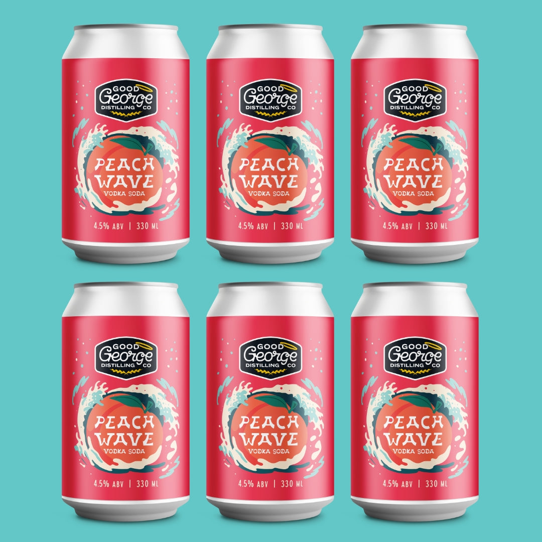 Six cans of Peach Wave soda from Good George Distilling Co on a teal background