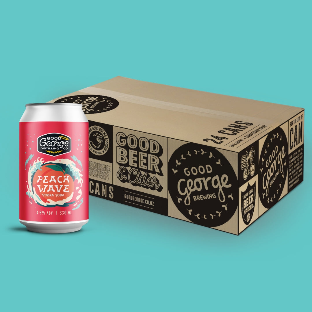 Good George Brewing peach wave vodka Soda can and box on a teal background