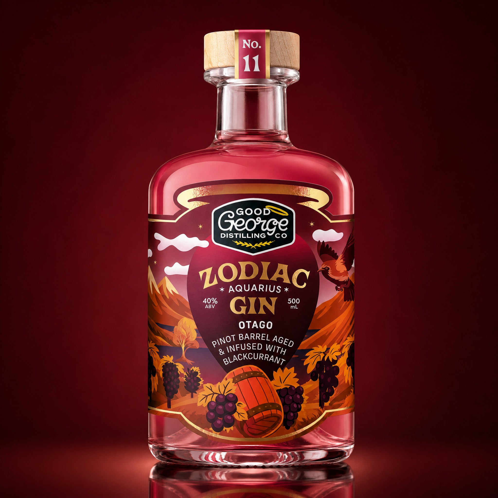 Bottle of Good George Distilling Co. Zodiac Gin on a red background