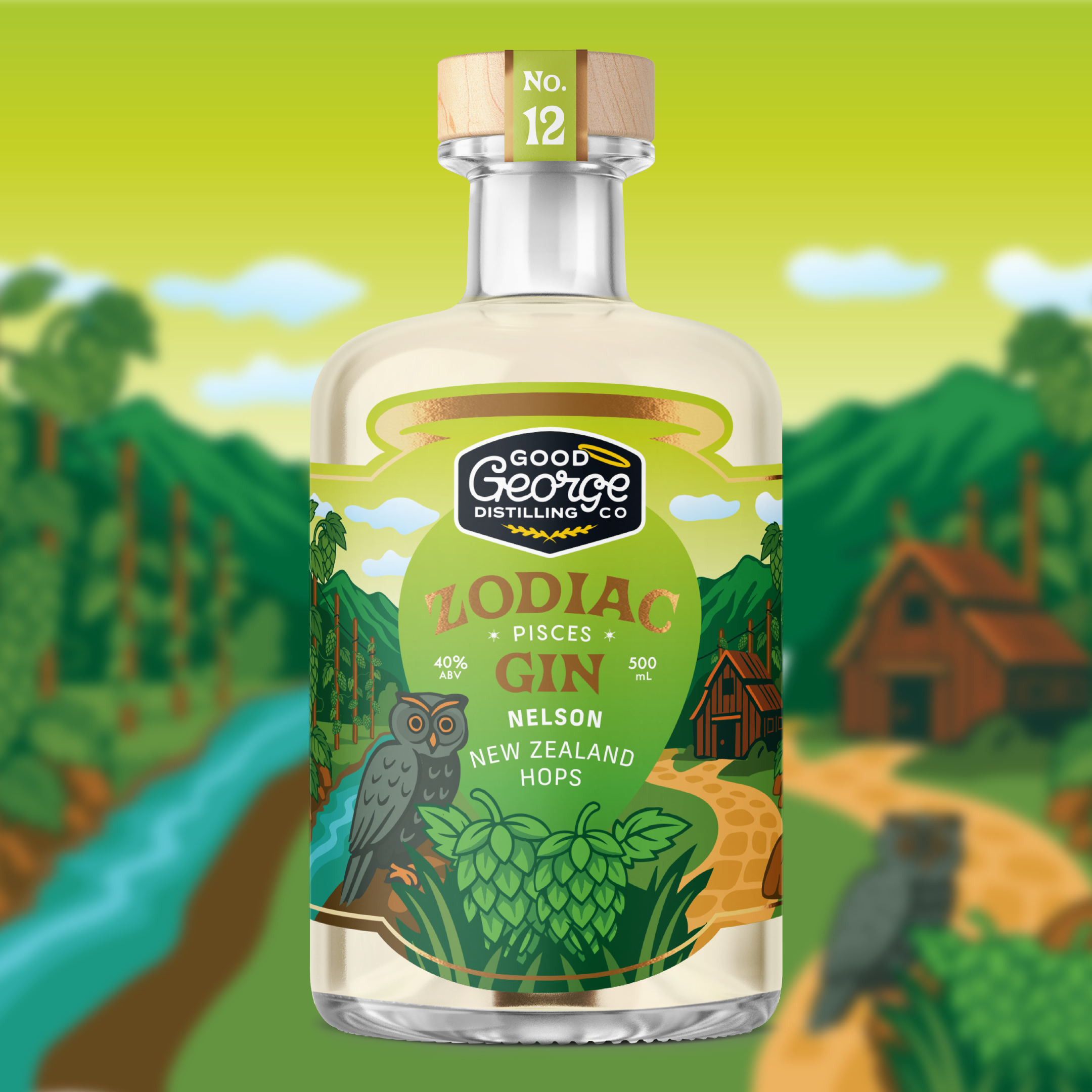 Bottle of Good George Distilling Co. Zodiac Gin with a scenic background