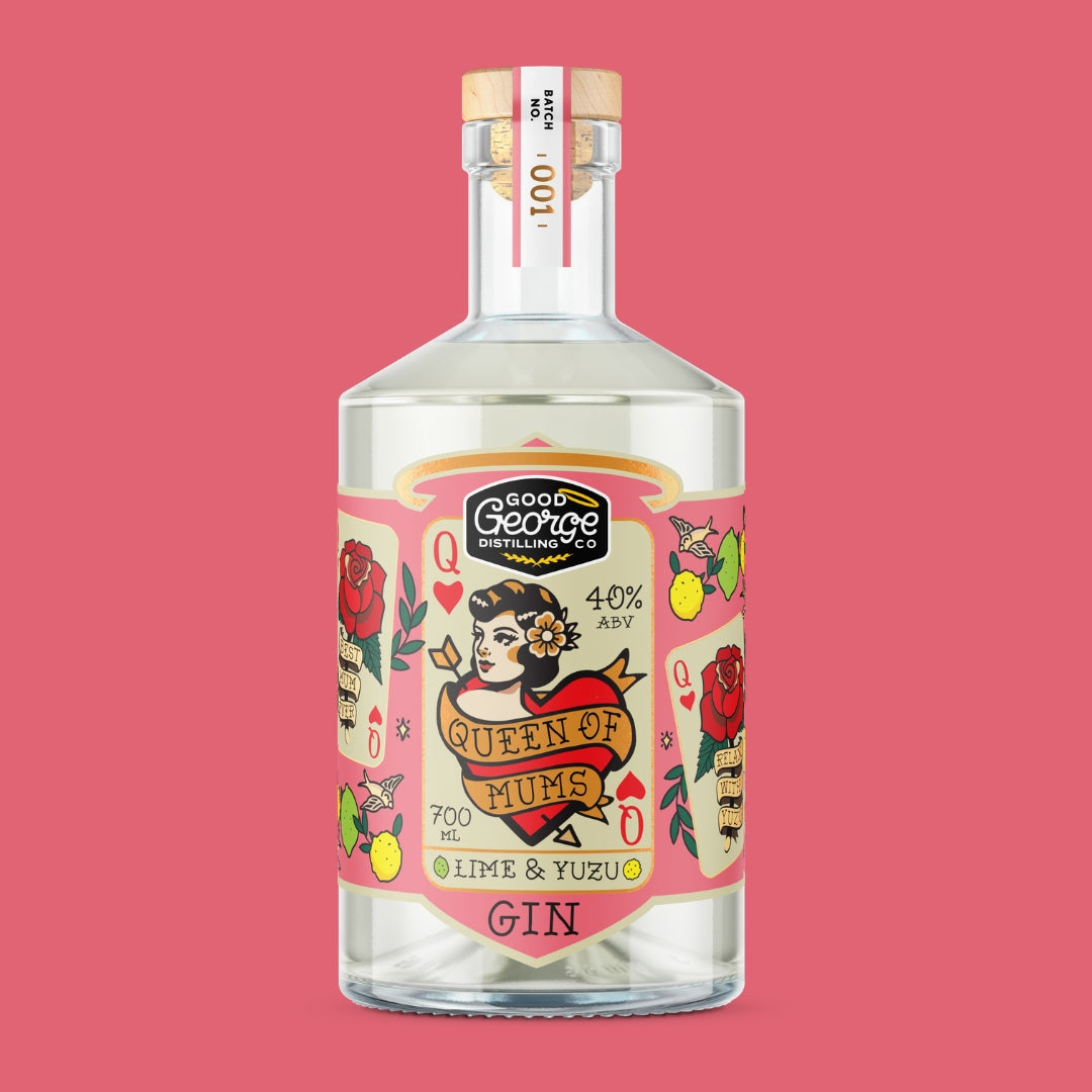 Bottle of Good George Distillery Queen of Mums Gin with a colourful label on a pink background