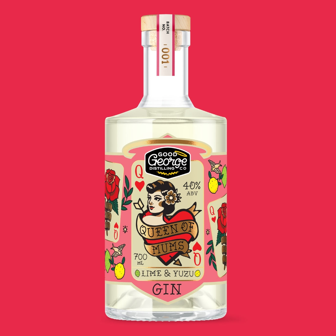 Bottle of Good George Queen of Mums Gin with a colorful label on a red background