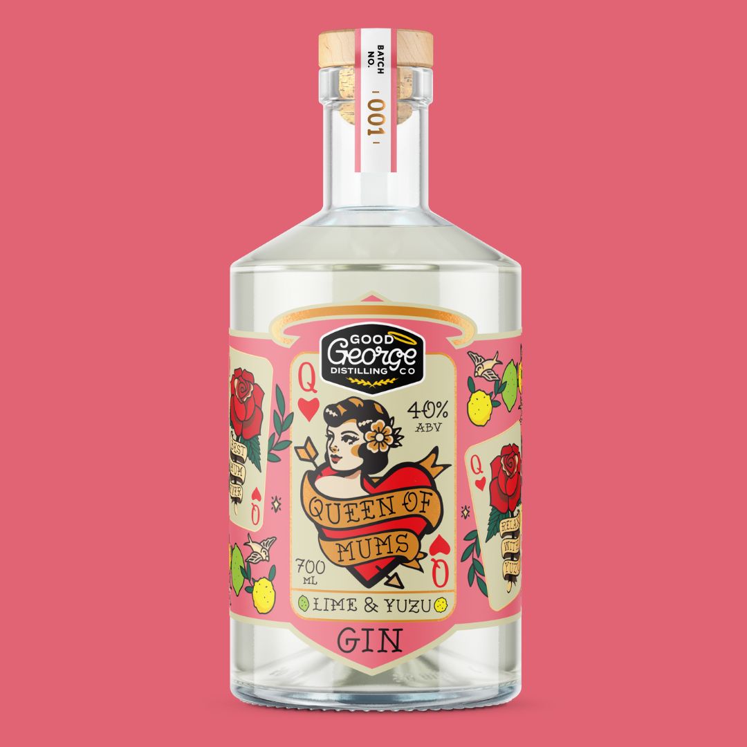 Bottle of Good George Distillery gin with a colorful label on a pink background
