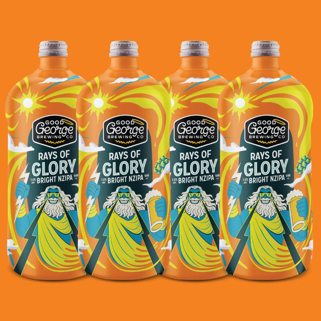 Bottles of Good George Brewing Co. Rays of Glory on an orange background