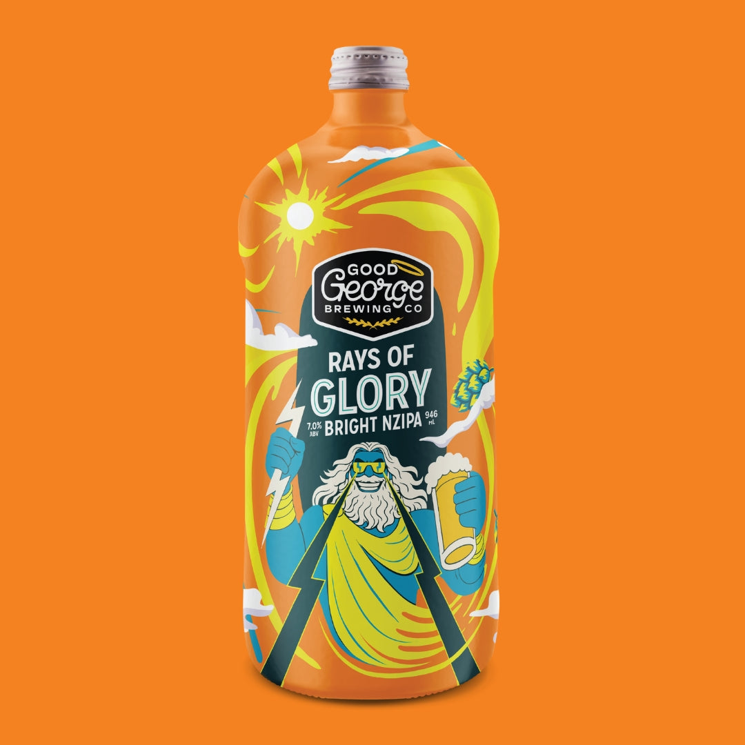 Bottle of Good George Brewing Co. Rays of Glory on an orange background