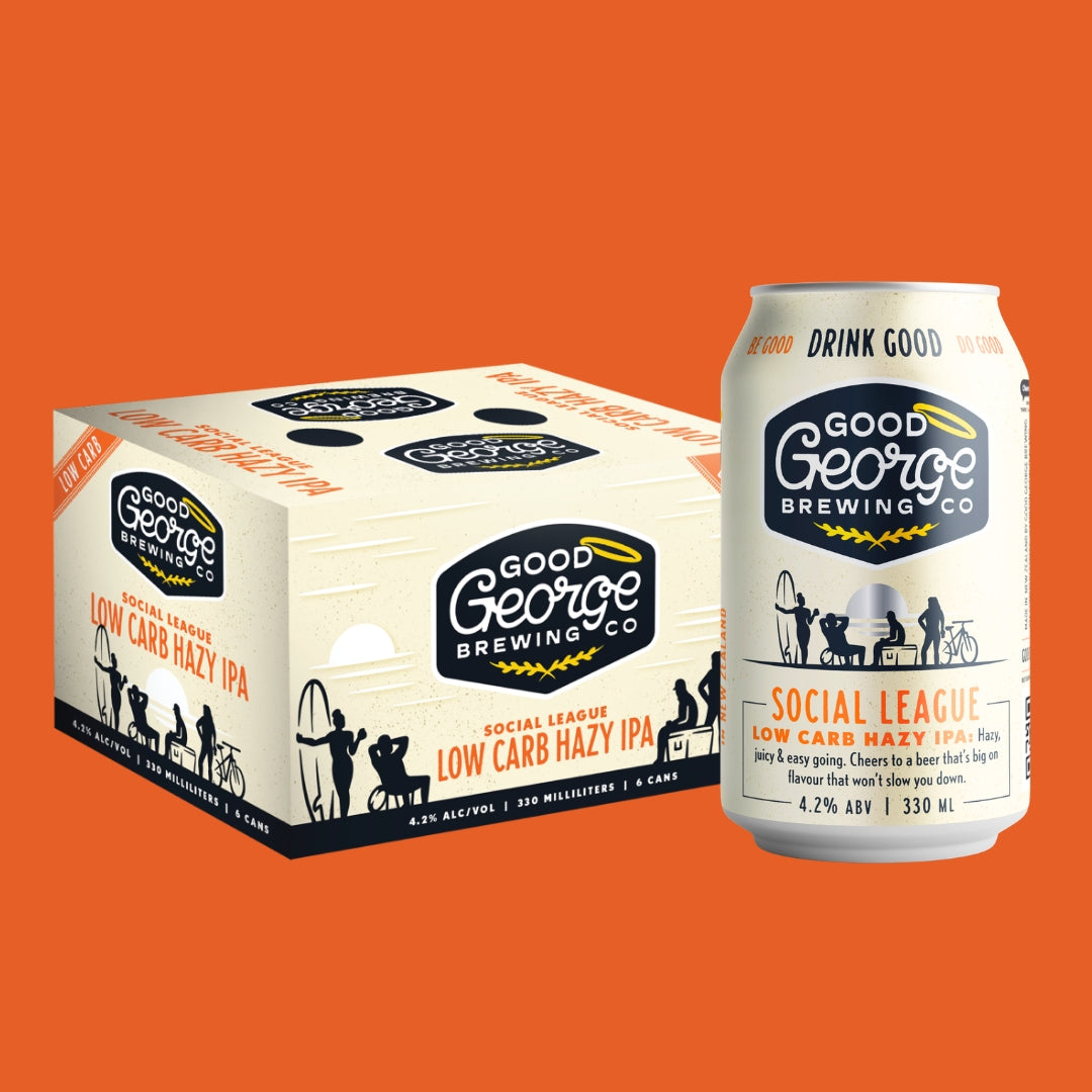 A 12-pack box and a single can of Good George Brewing Co. Social League Low Carb Hazy IPA on a solid orange background.