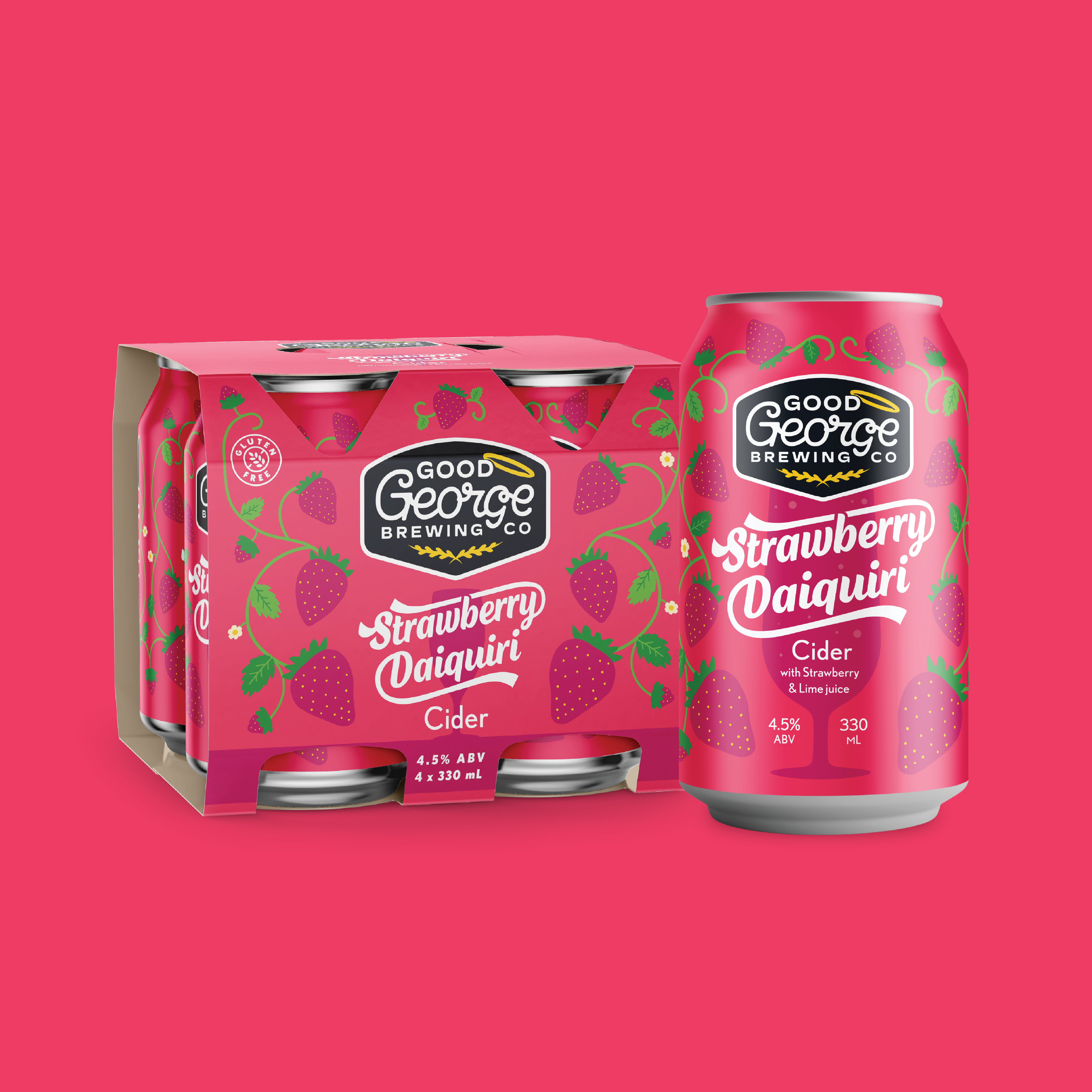 Good George Strawberry Daiquiri cider can and six-pack on a pink background