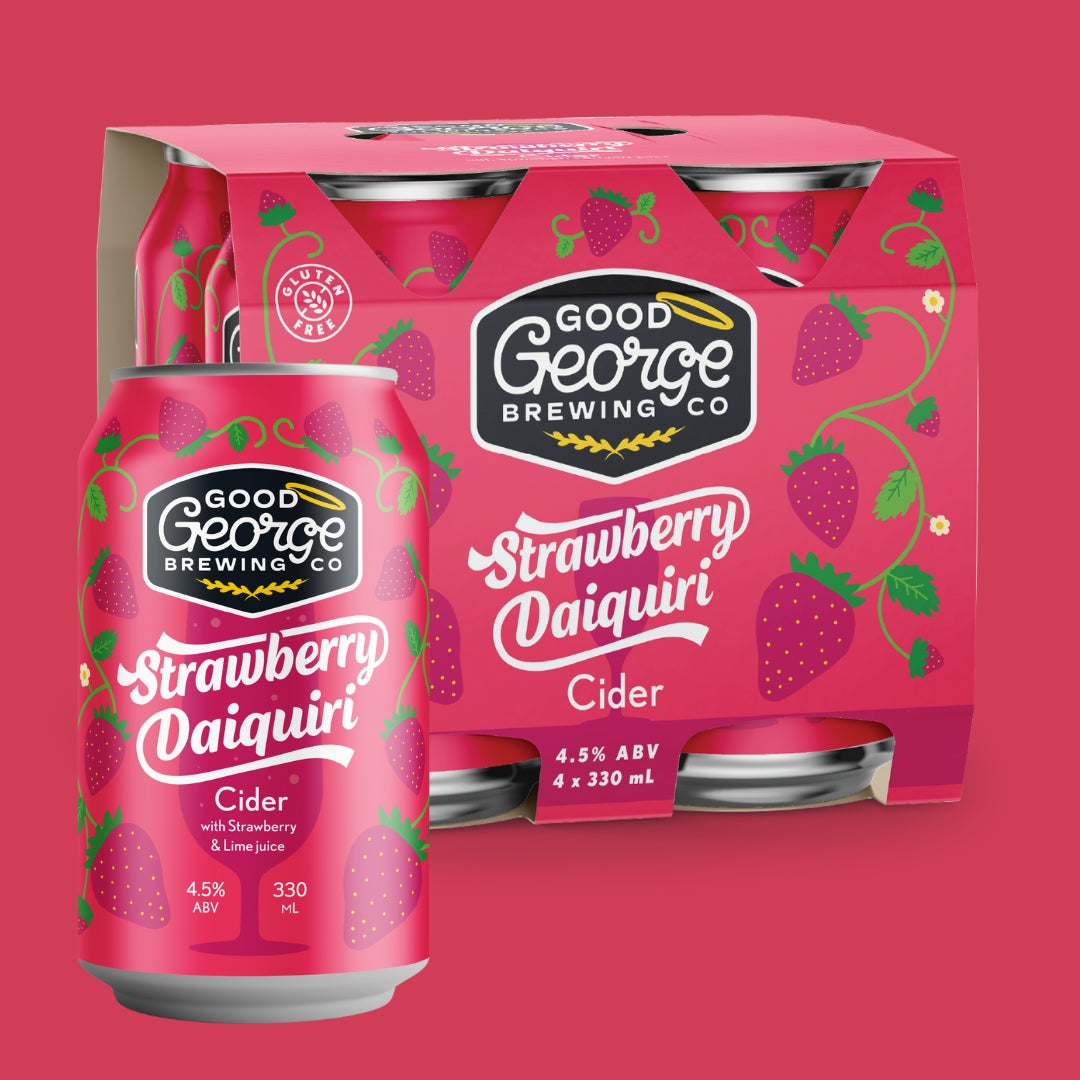 Good George Brewing Co Strawberry Daiquiri cider packaging on a red background