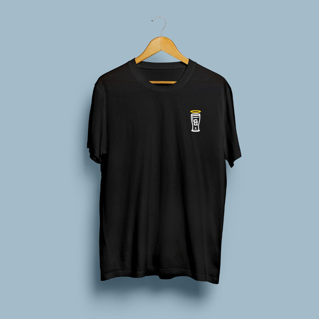 Black t-shirt with a small graphic on a hanger against a light blue background