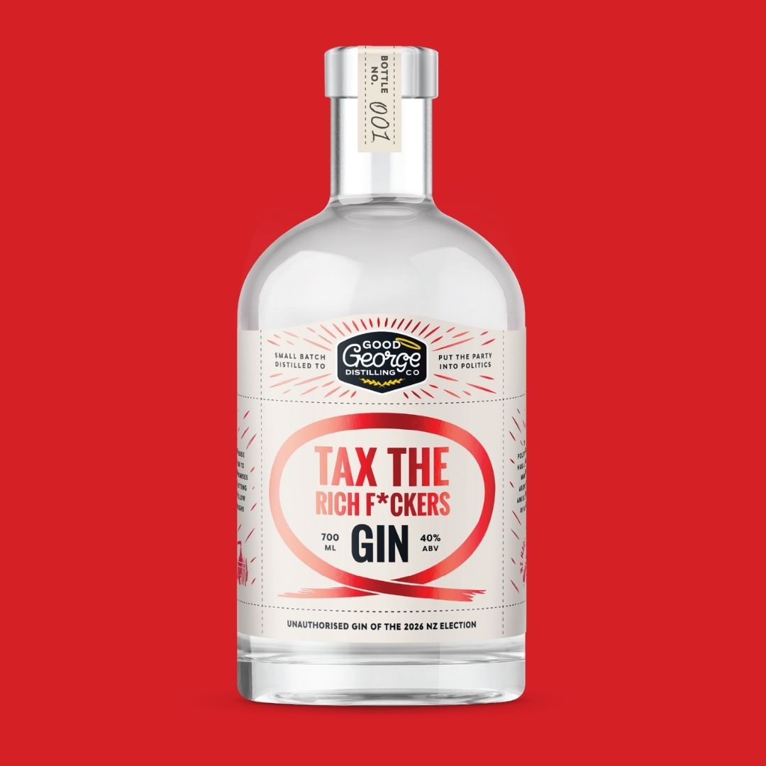 A clear glass bottle of gin with a white and red label reading 'TAX THE RICH F*CKERS GIN' and 'Good George The Gin Company,' centered on a solid red background.