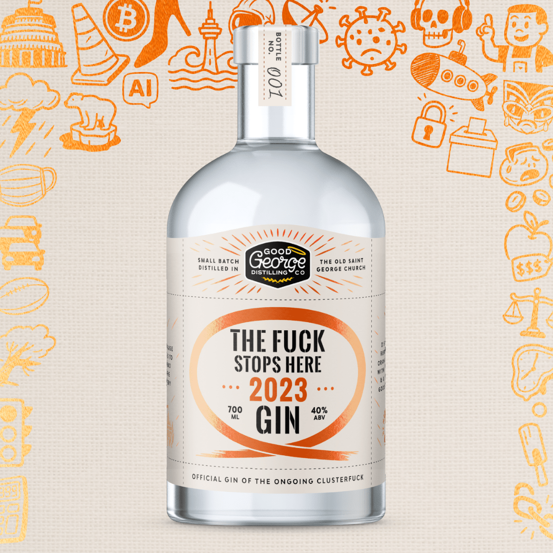 Bottle of gin with a humorous label against a colorful background