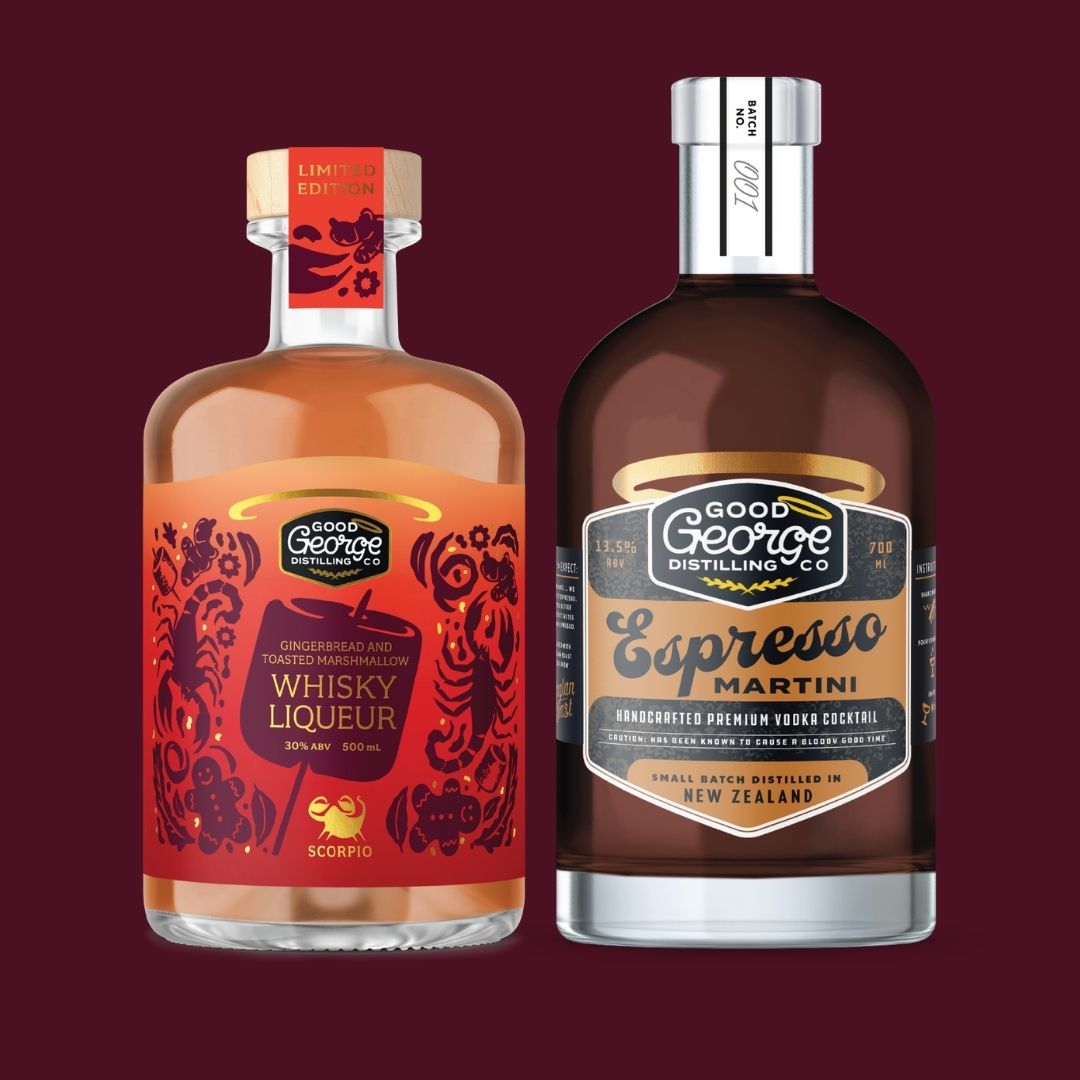 Good George Gingerbread and Toasted Marshmallow Whisky Liqueur and Good George Espresso Martini bottles side by side on a burgundy background