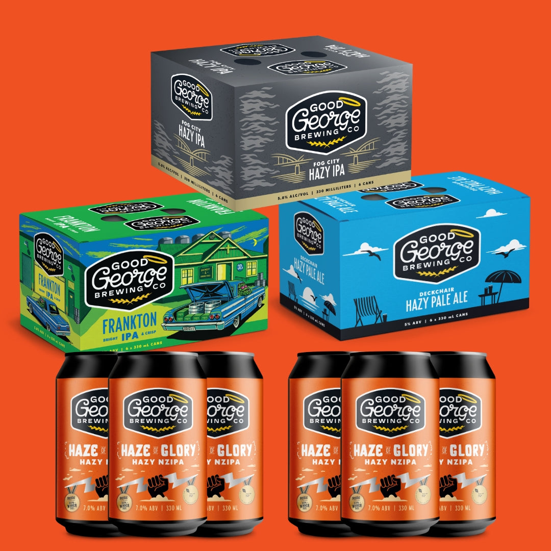 Good George Brewing Co. beer packaging including boxes and cans on an orange background