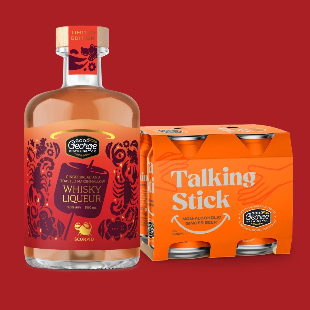 Good George Gingerbread and Toasted Marshmallow Whisky Liqueur with a four-pack of Talking Stick Non-Alcoholic Ginger Beer on a red background