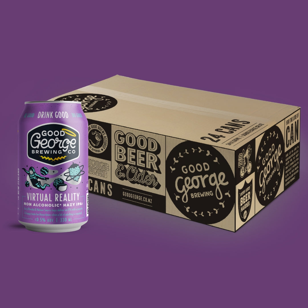 A single purple can of Good George Brewing Co. Virtual Reality Hazy IPA stands next to a large cardboard shipping box of the same brand and product, shown on a solid purple background.