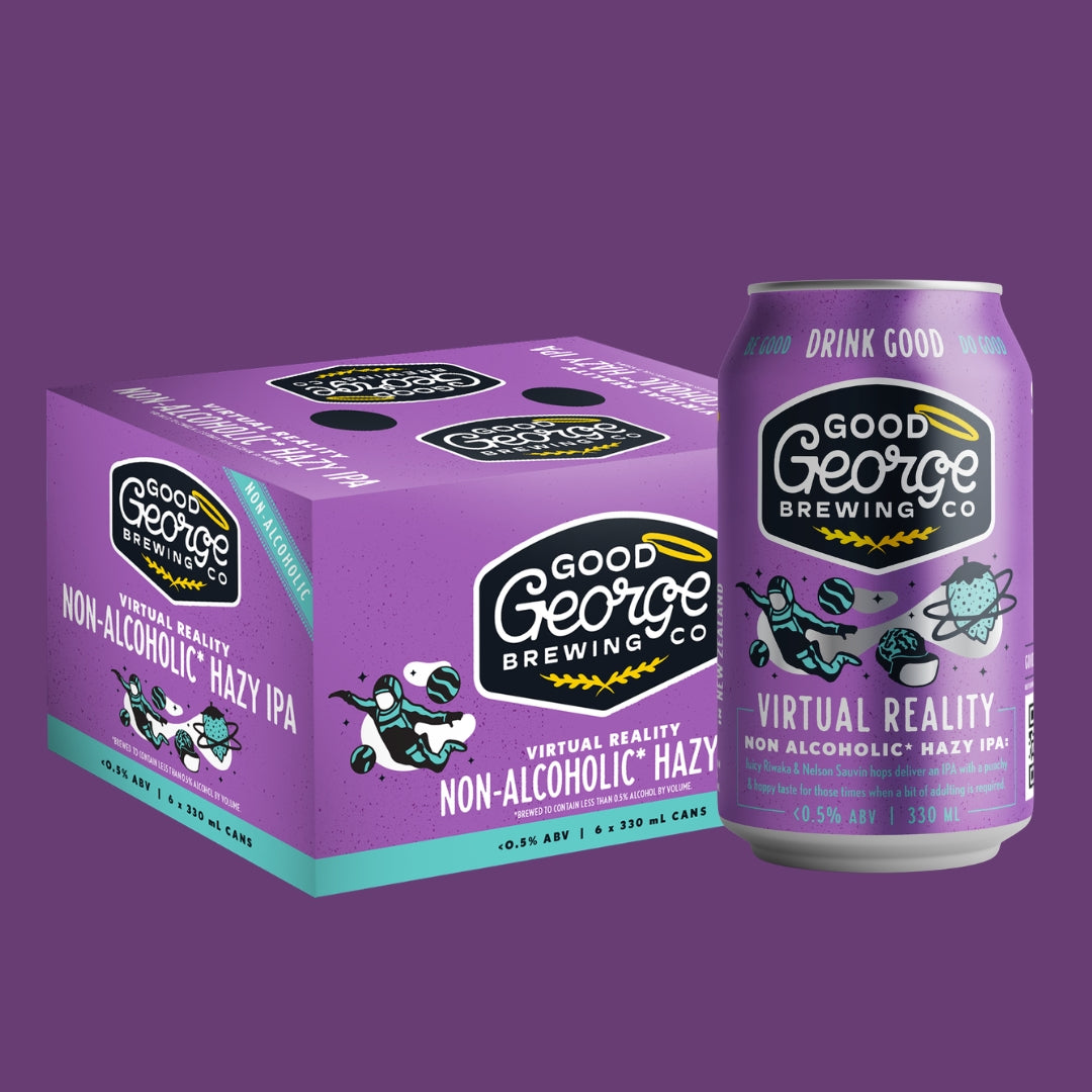 A purple 6-pack cardboard box and a matching single can of Good George Brewing Co. Virtual Reality Non-Alcoholic Hazy IPA, shown on a solid purple background.