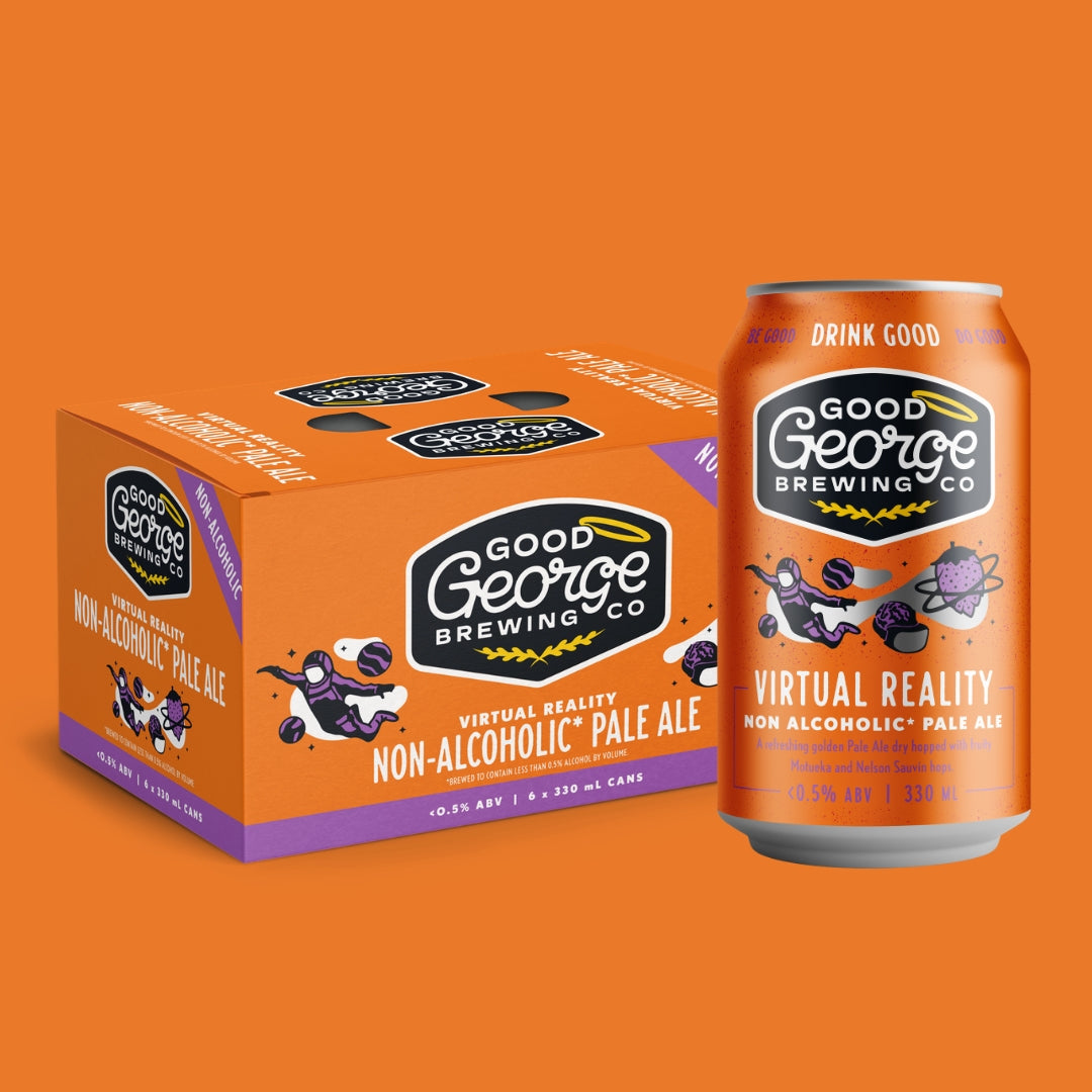 A 6-pack cardboard box and a single aluminum can of Good George Brewing Co. Virtual Reality Non-Alcoholic Pale Ale, both in orange and purple packaging, set against a solid orange background.