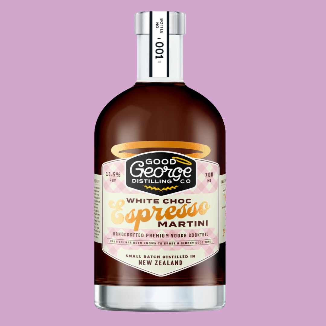 Bottle of Good George Distilling Co. White Choc Espresso Martini on a pink background