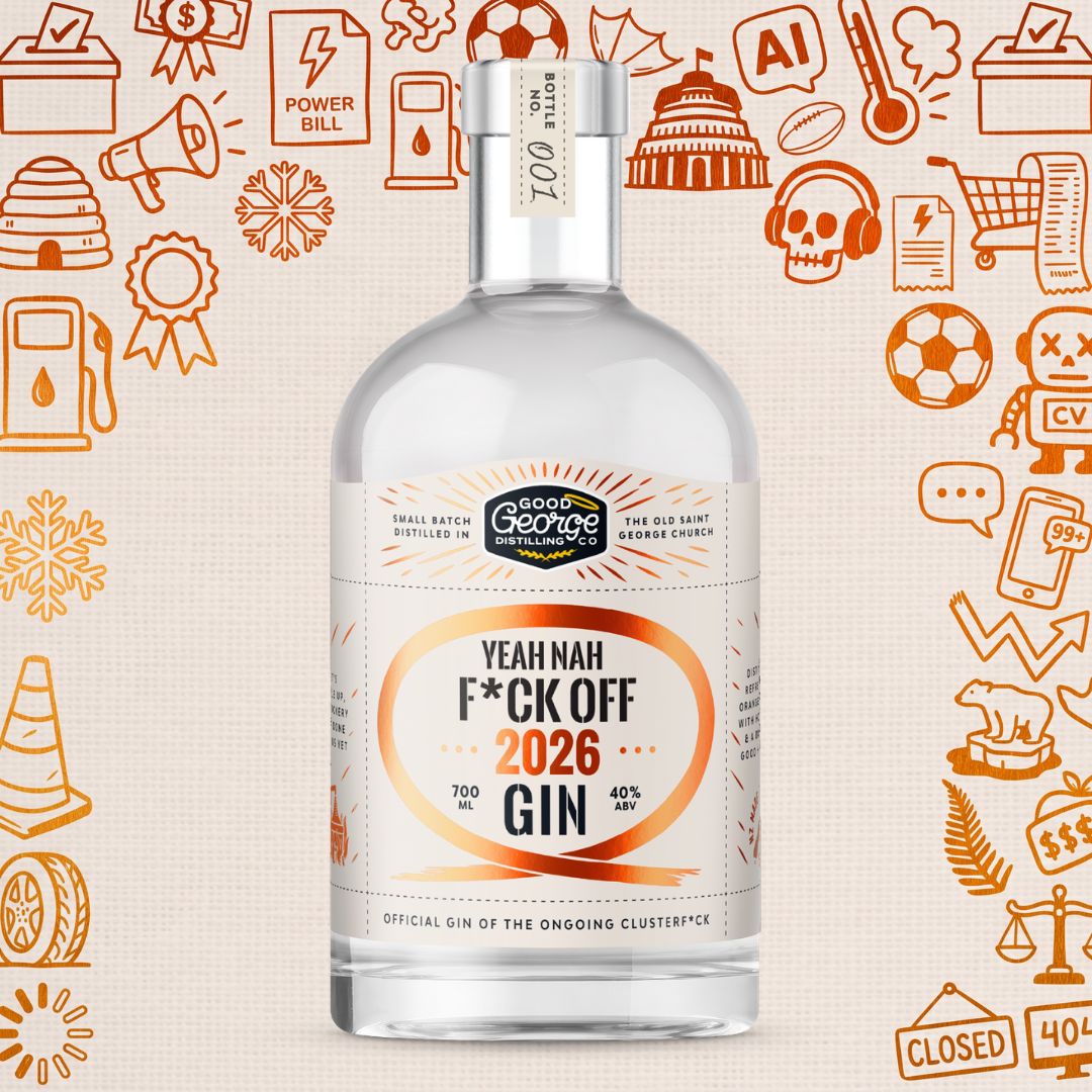 A bottle of Yeah Nah F*ck Off 2026 Gin by Good George Distilling Co. is centred against a textured beige background decorated with orange line drawings of various pop culture and tech icons.