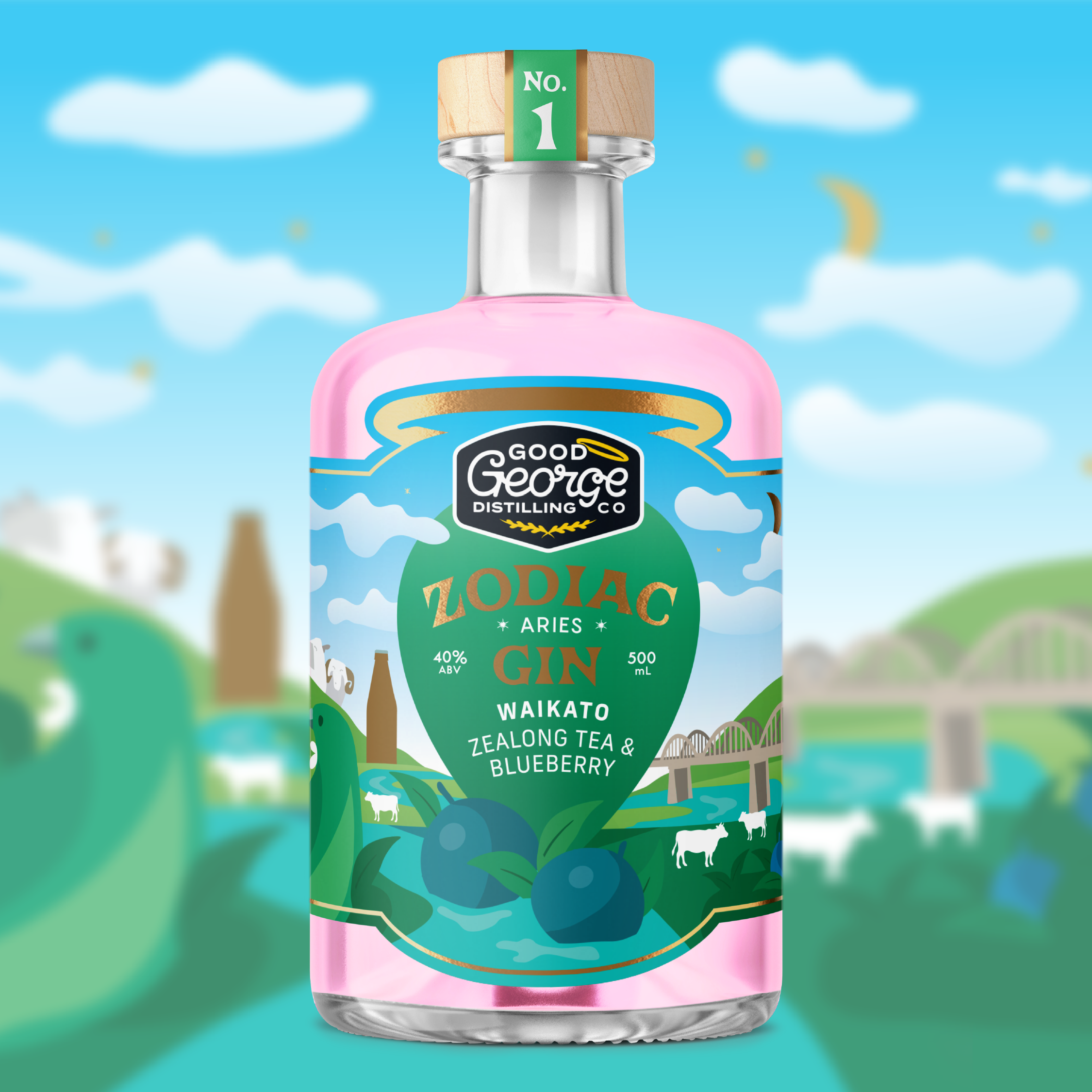 A bottle of Zealong Tea & Blueberry Aries Gin with a colorful label, set against an illustrated backdrop featuring tea leaves and blueberries.