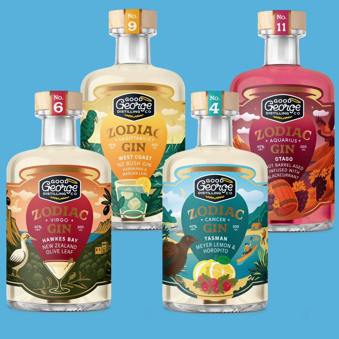 Four bottles of Good George Distillery Zodiac Gin on a blue background