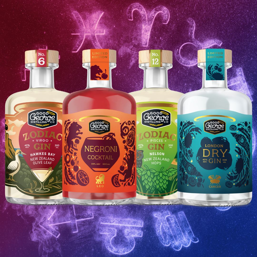 Four bottles of Good George George gin arranged side by side against a purple and blue background with musical notes and astrological symbols. 