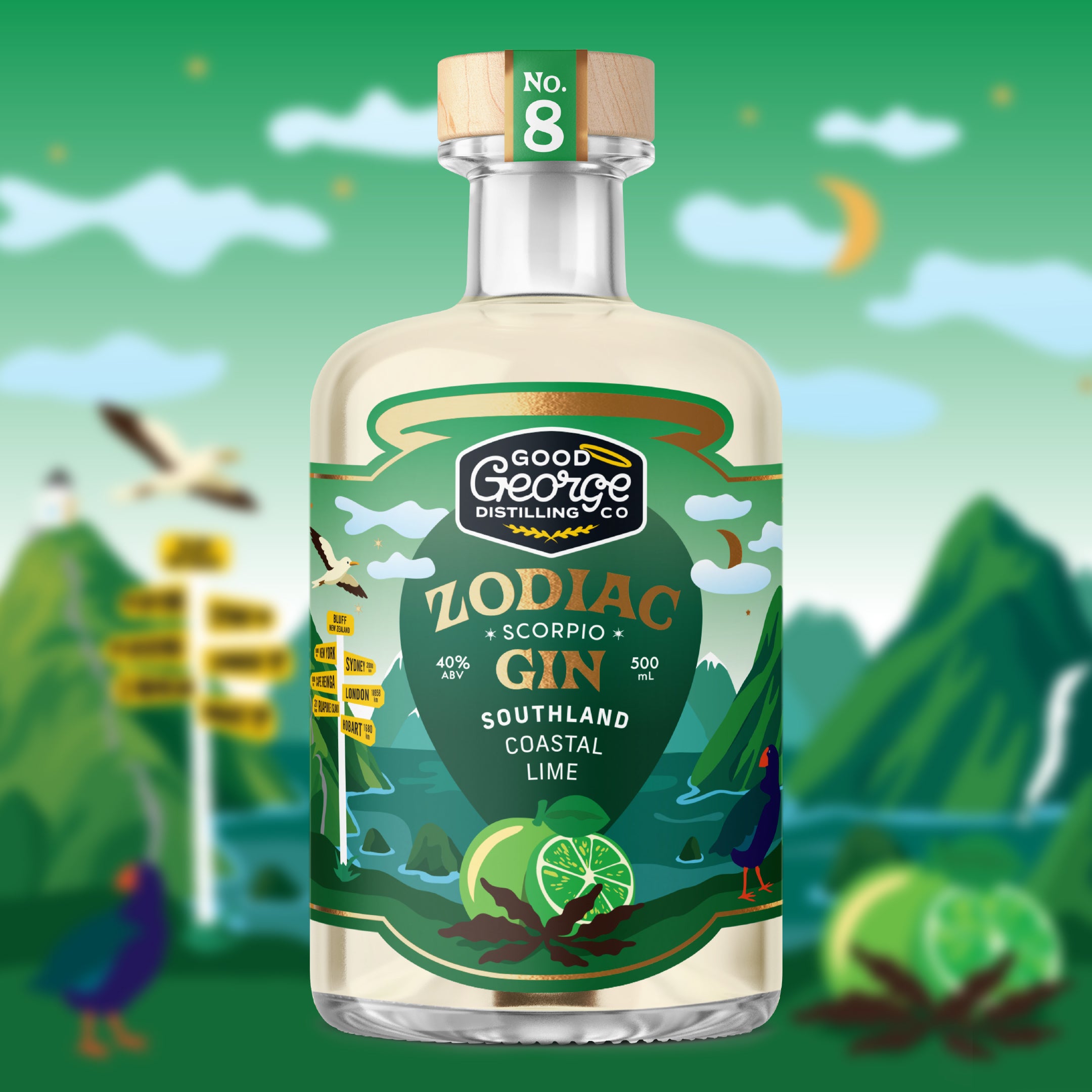 Bottle of Good George Zodiac Gin with a scenic background