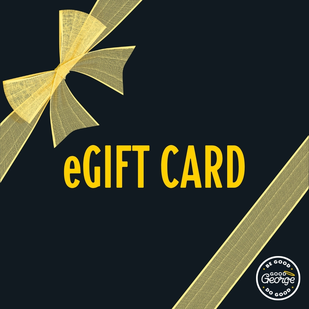 Gift card with a yellow bow and 'Be Good George' logo on a black background